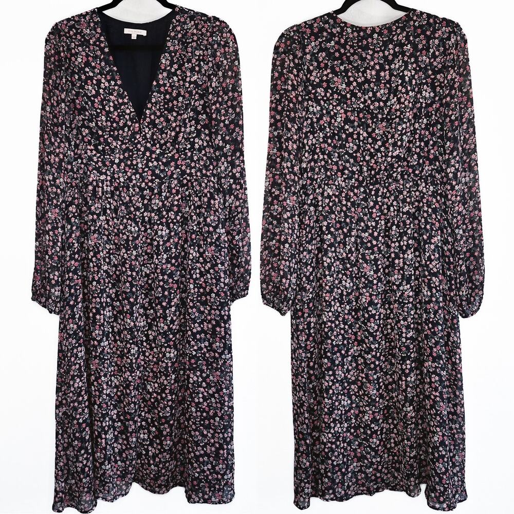 Skies Are Blue Black Floral Long Puff Sleeve Low Cut Button Front Midi Dress Lg - Picture 2 of 13
